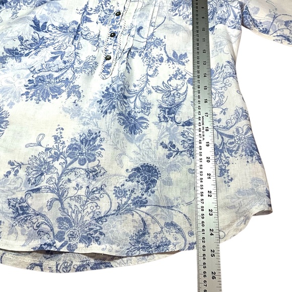 MARKS & SPENCER 100% Linen with Love White Blue 3/4 Roll Tab Sleeve Top Sz S - Picture 6 of 9